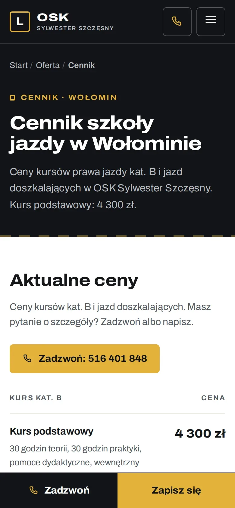 Cennik zarządzany z panelu: jedna zmiana ceny aktualizuje całą stronę.