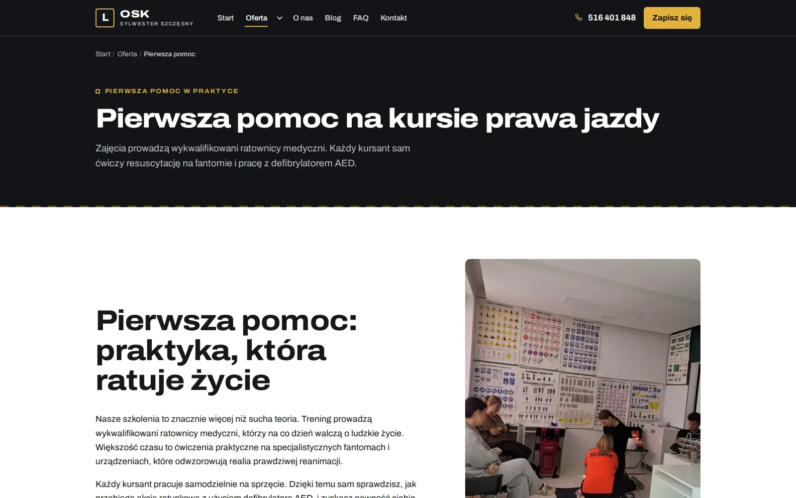 Zajęcia z pierwszej pomocy jako wyróżnik szkoły, ze zdjęciami z zajęć.